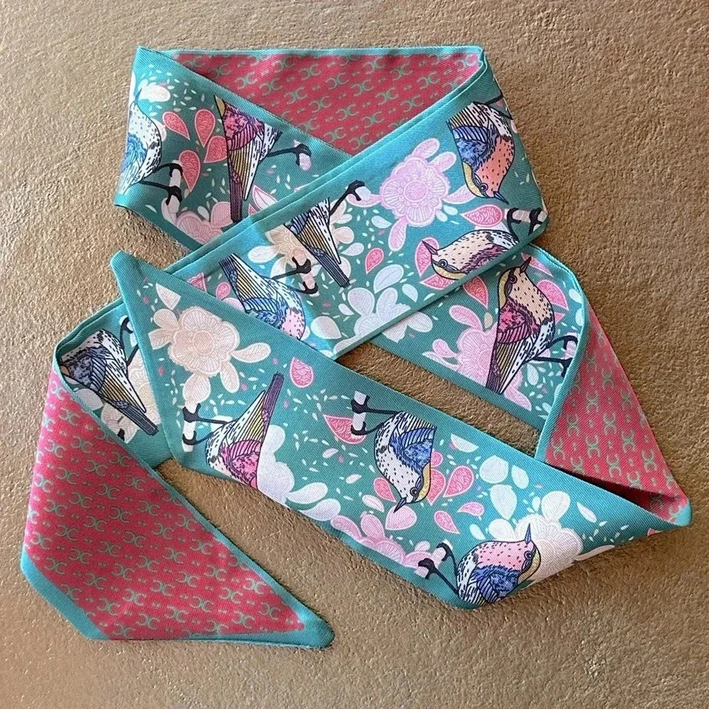 Reversible Green & Red Bird & Flower Print Twilly Narrow Tie Scarf